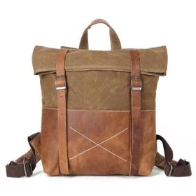 Wear-resistant Oil Wax Canvas Backpack With Top Layer Leather Travel Bag (Color: Khaki)